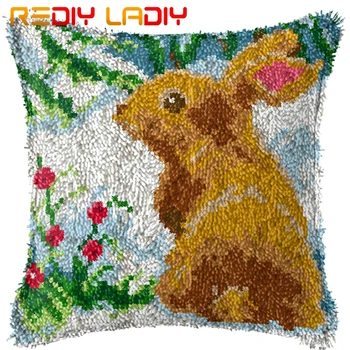 

Latch Hook Cushion Snow Rabbit Pre-Printed Canvas Cushion Front Acrylic Yarn Crochet Pillow Case Kits Hobby & Crafts Home Decor
