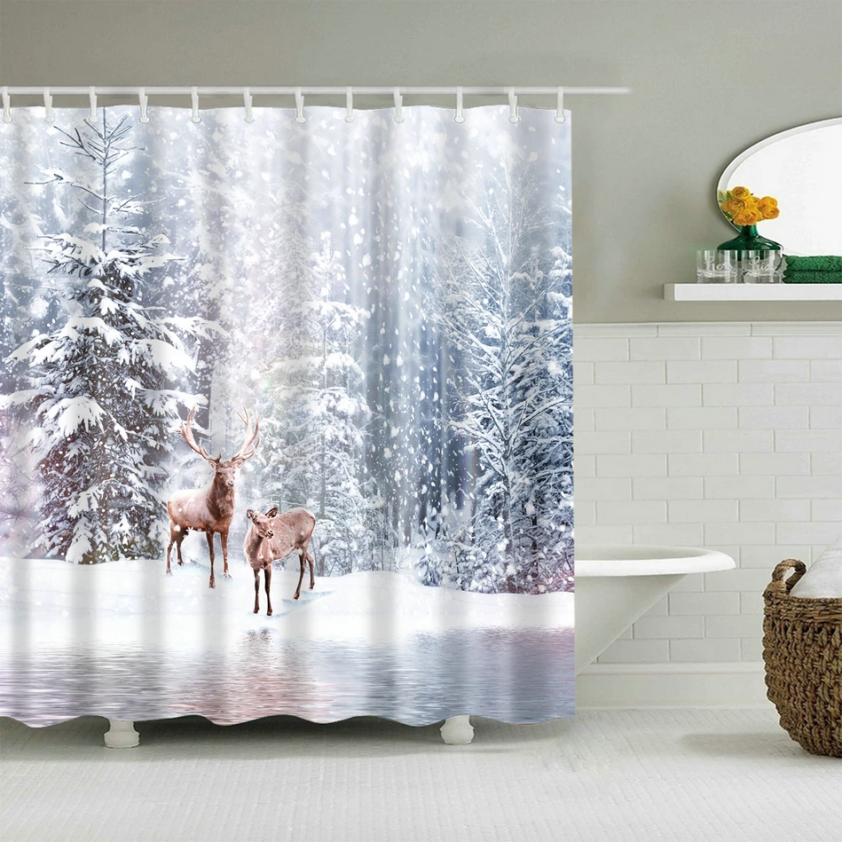 White&Black Forest Decor Shower Curtain Liner Waterproof Bathroom Fabric 12Hook 