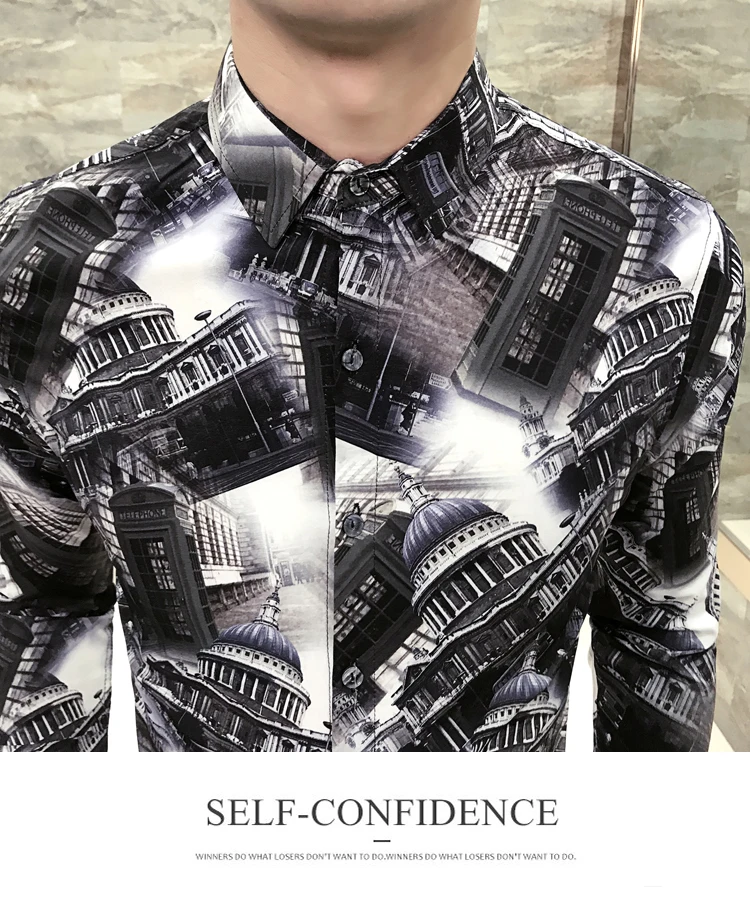 Camisa Masculina/Весенняя Новая мужская рубашка с длинными рукавами и цветочным принтом; модные облегающие рубашки для ночного клуба; Chemise Homme