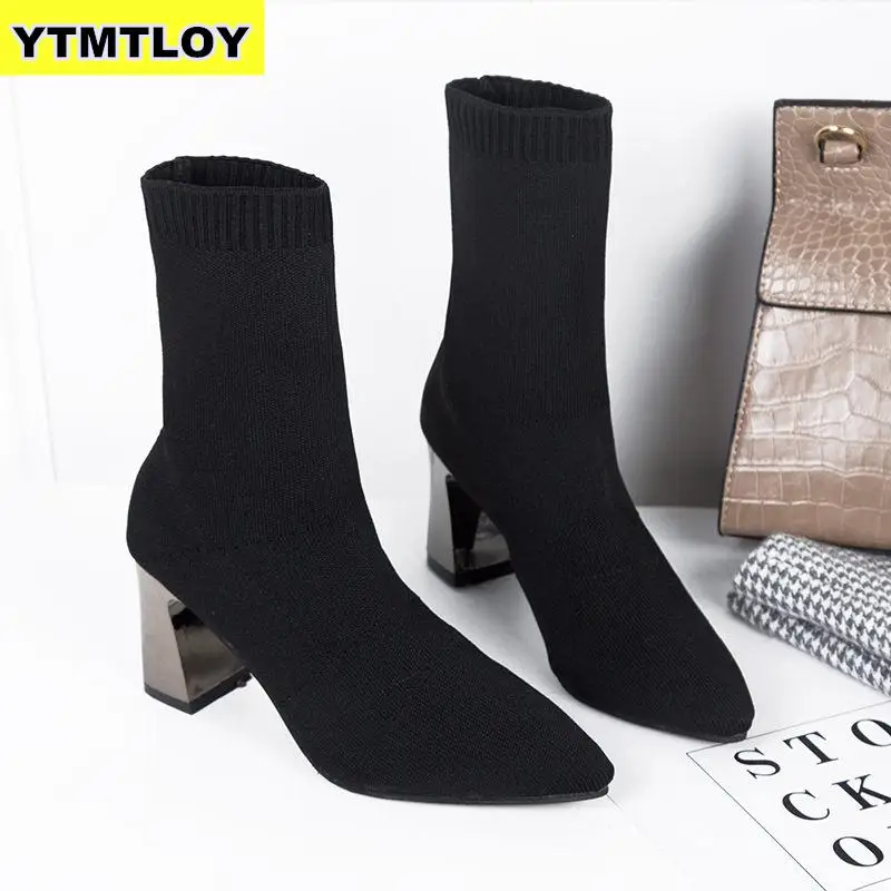 Модные эластичные ботильоны на высоком массивном каблуке; эластичные женские осенние пикантные ботинки с острым носком; туфли-лодочки; Zapatos De Mujer