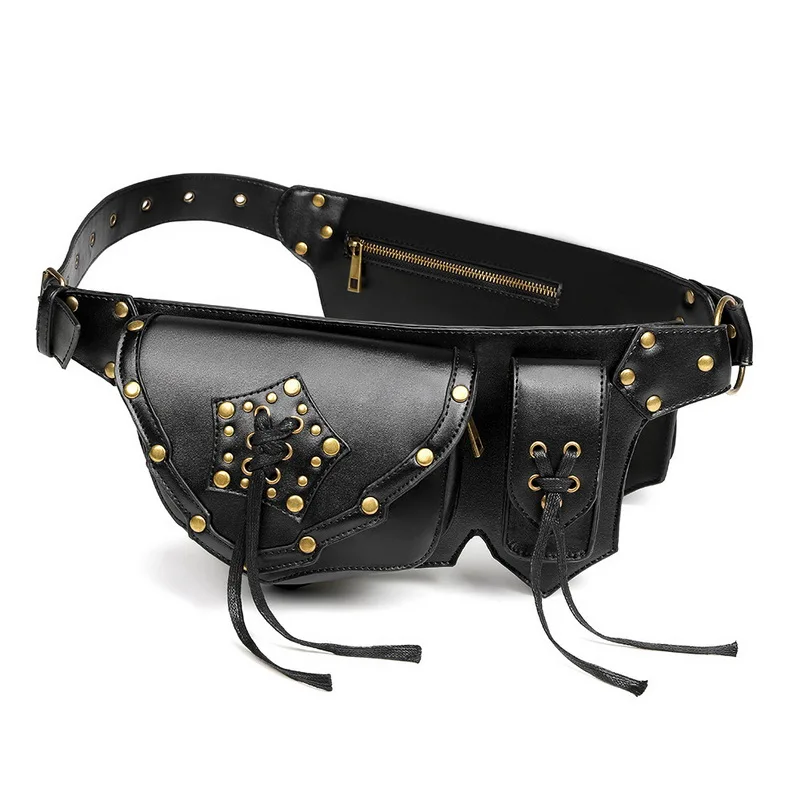 DAEYOTEN Vintage Steampunk Waist Bag Gothic Rivet Chest Bag Punk Women Fanny Packs Tactical Men's Pockets Phone Pouch ZM0336 - Цвет: Черный