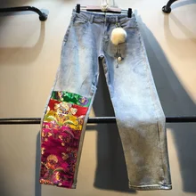 Новые модные ковбойские брюки с вышивкой, атласные узкие прямые джинсы с высокой талией, женские брюки, ретро джинсовые штаны