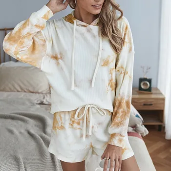 

Womens Casual Pajamas Set Loose long Sleeve Tops And Shorts 2Pcs Set Sleepwear Ladies Hooded Suit