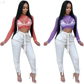 

Womens Clothing Pearls Sheer Mesh Fashion Sexy Tops O Neck Long Sleeve Casual T Shirt Crop Top Female Pullover Shirt Outfits