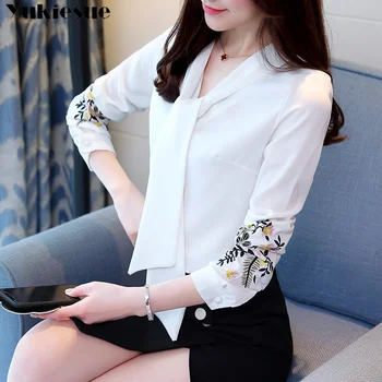 Long sleeve embroidery chiffon blouse womens tops and blouses shirt 2019 office lady shirt women tops blusas feminine blouse