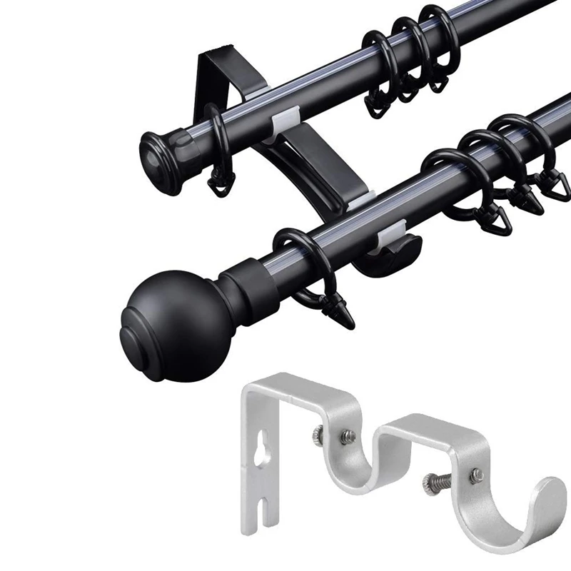 New-3Pcs/Set Curtain Rod Brackets Heavy Duty Double Rod Holders Durable Metal Curtain Rod Wall Brackets with Screw Silver