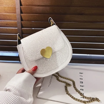 

Fashion Solid PU Leather Saddle Bag Women Luxury Chain Shoulder Small Handbag Crossbody Sequined Heart Messenger Cover Bags 2020