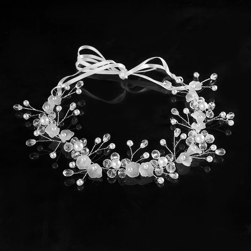 Bridal Headwear Elegant Wedding Hair Accessories Crystal Pearl Flower Girl Headband Ribbon Headpiece Jewelry