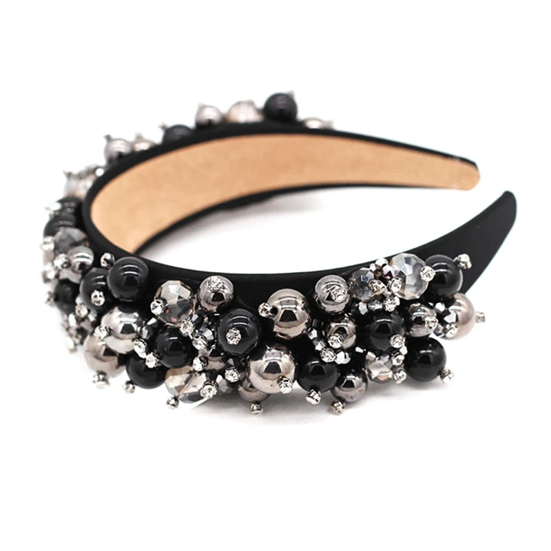 Роскошная повязка на голову ручной работы с бусинами и шариками; корона принцессы; стразы; повязка на голову; корона; свадебные аксессуары для волос; Прямая поставка - Цвет: Черный