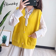 Желтый свитер жилет женский кардиган без рукавов Модный женский однобортный корейский свитер с карманами sueter mujer