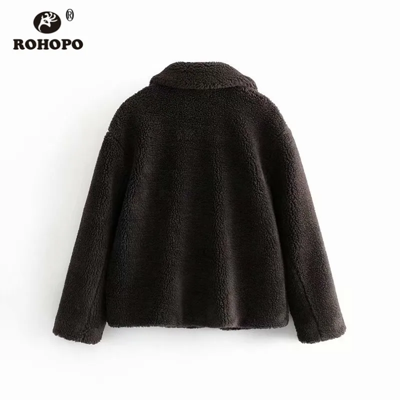 ROHOPO отложной воротник флисовая куртка, пальто с большими пуговицами, боковые вельветовые карманы, Осень-зима, женские пальто глубокого цвета#02