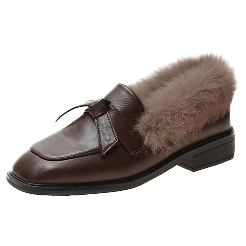 

SAGACE Women Shoes Ladies Fluffy Bow Decore Warm Faux Fur Female Winter Indoor Slippers Round Toe Flats Square Work Shoes 1107