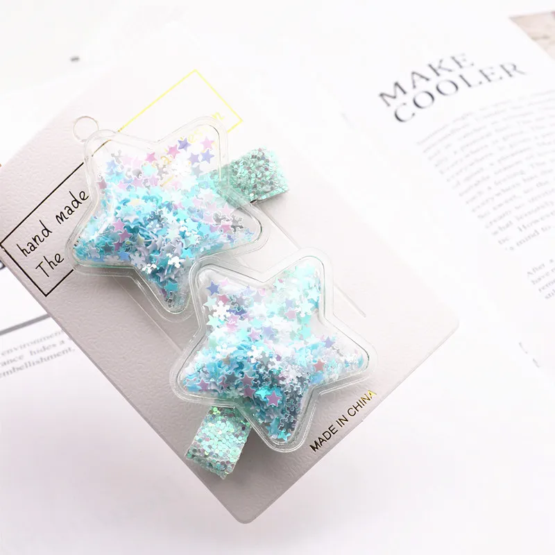 star mint green Блестящие радужные зыбучие пески для маленьких девочек, заколки для волос, блестки для волос, заколки в виде сердца и звезды, модные аксессуары для волос, подарок - Цвет: star mint green
