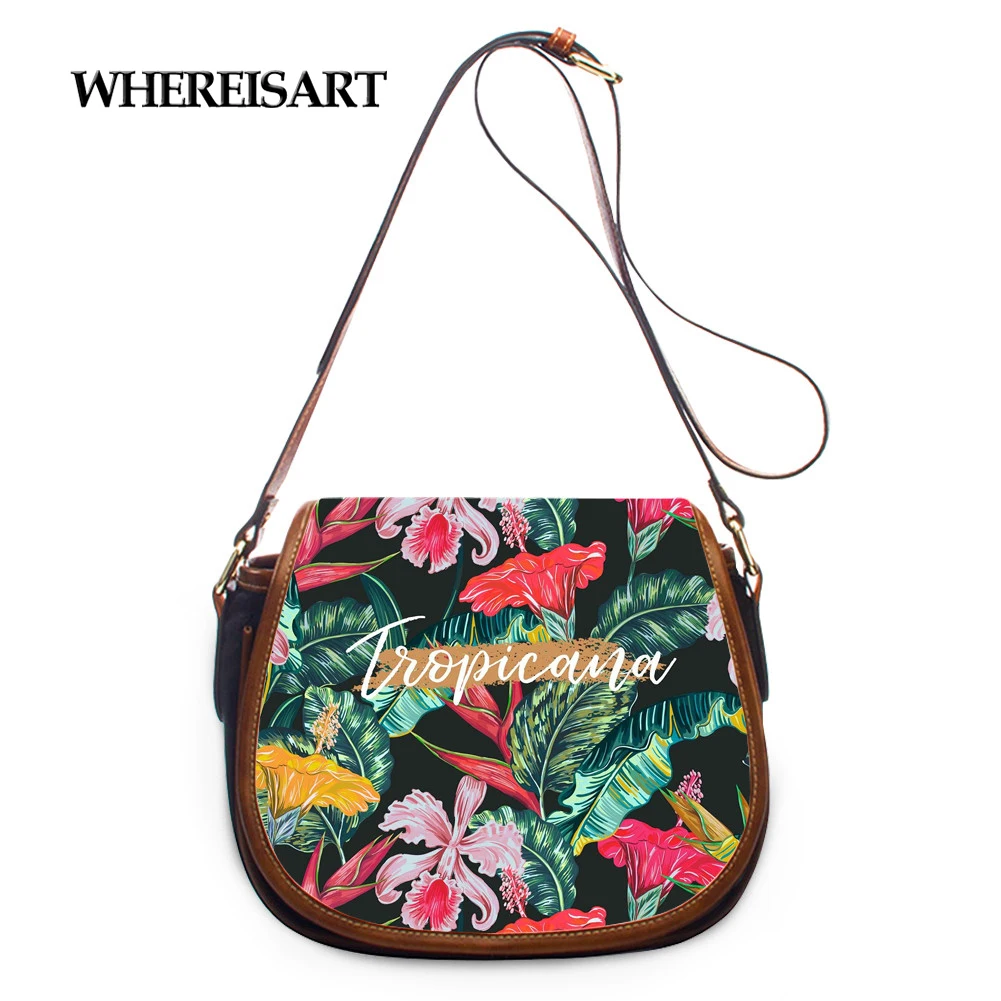 

WHEREISART Tropical Palm Leaves Flower Printed Ladies Crossbody/Messenger Bag Female Casual Shoulder Bag Saddle Bag for Lady