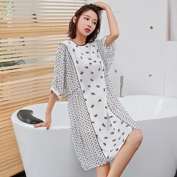 

Satin Nightdress Women Printed Sleepwear O-neck Intimate Lingerie Casual 2020 New Home Clothes Sexy Nightgown Kimono Robe Gown