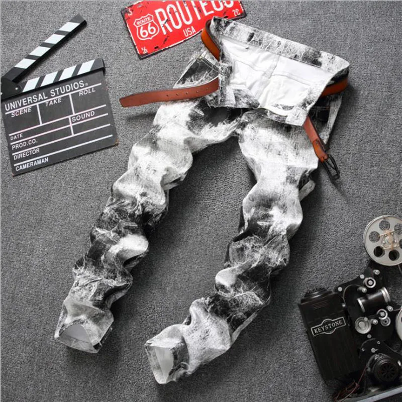 2022 New Fashion Mens Cotton Jeans Slim White Printed Jeans Men Trousers Casual Male Punk Style DJ Club Denim Pants Vaqueros