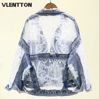 

2020 Spring Summer Fashion Hole Lace Mesh Denim Jacket Women Embroidery Print Sequins Casual Loose Jeans Jacket Coat Female Tops