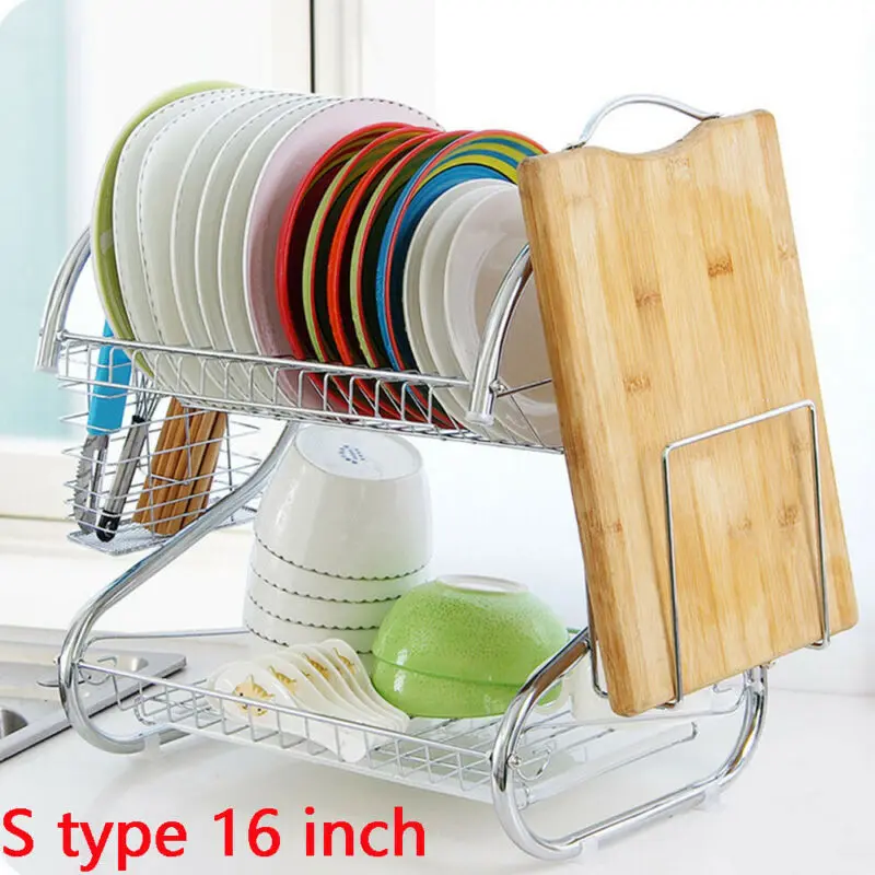 

2-Tier Kitchen Stainless Steel Dish Rack Over Holder Sink Bowl Shelf Organizer Nonslip Cutlery Holder Drainer Dryer