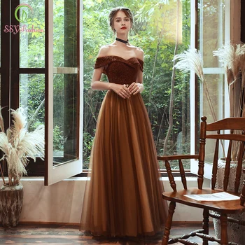 

SSYFashion New Vintage Coffee Color Evening Dress Boat Neck Sequins Beading Floor-length Long Formal Gowns Vestidos De Noche