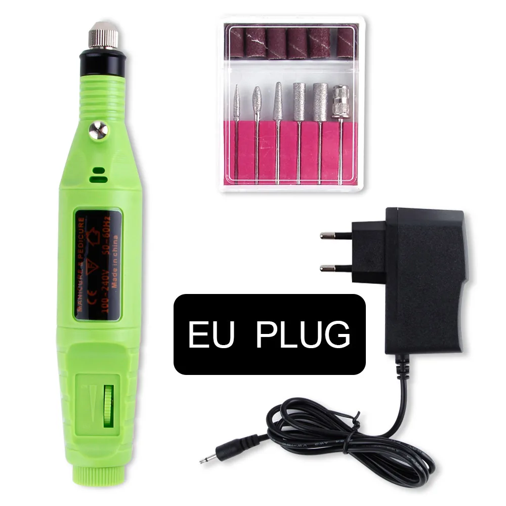 Green EU Plug Профессиональный 1 набор, электрические сверла для ногтей, машинка для маникюра, мощная мини-дрель, ручка, фреза, лак, инструменты для дизайна ногтей - Color: Green EU Plug