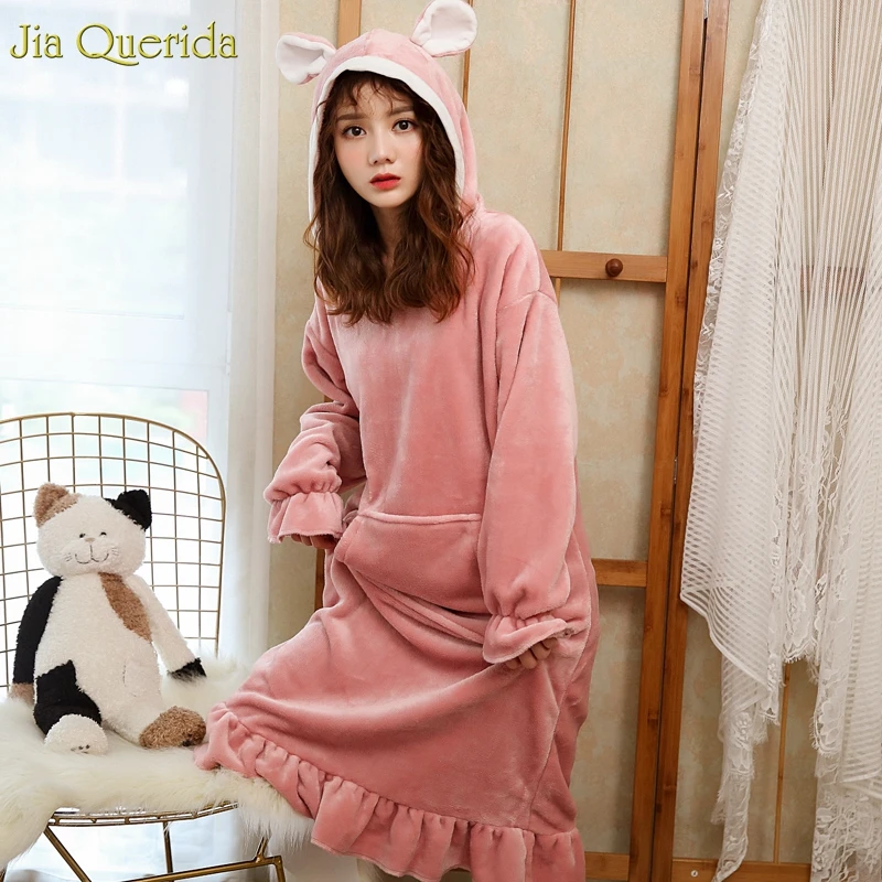 Nighty Ladies Lingerie Long Sleeve Flannel Long Gown Cute Bear Hooded Sleep Dress Korean Nightwear Kawaii Night Dressing Gown