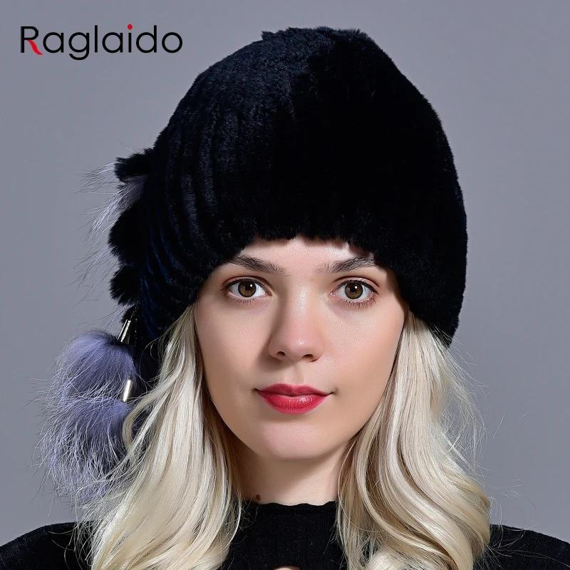 natural fur hat women's winter rex rabbit fox fur pompom beanie hat furry cap fashionable fluffy genuine real fur knitted caps