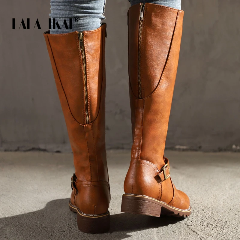 LALA IKAI/женские ботинки до середины икры; осенне-зимняя обувь из искусственной кожи; женские мотоциклетные ботинки; водонепроницаемые теплые черные сапоги для верховой езды; A7901-4