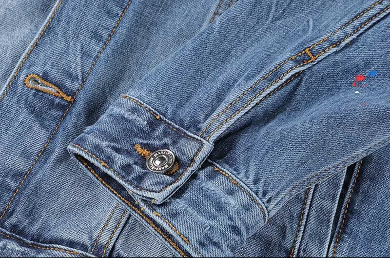 Men Ripped Denim Jackets With Rivet Dot Painted Jeans Jackets Outwear For Man Washed Streetwear  (5)