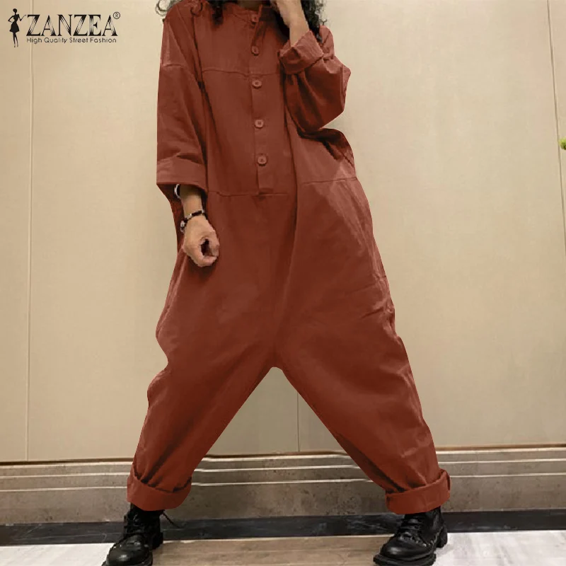 Women's 2023 ZANZEA Vintage Drop Crotch Jumpsuits Spring Pants Casual Long Sleeve Playsuits Female Solid Button Romper