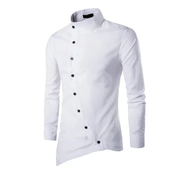 

Men's New Court Shirt Small Stand Collar Personality Casual Slim Strap Button Irregular Long Sleeve Shirt