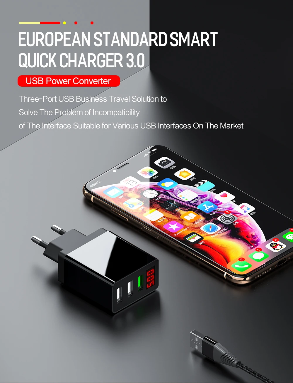 ROCK USB Quick Charge 3,0 зарядное устройство для телефона iPhone X 8 7 iPad 30 Вт Светодиодный дисплей ЕС 3 порта Быстрая зарядка для samsung Xiaomi huawei