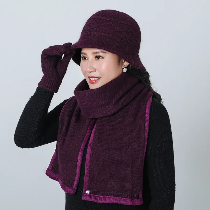 SUOGRY New Women's Knitted Hat Female Solid Color Scarf gloves And Hat Set Winter Rabbit Thick Fur Warm Beanies Ms. Middle Caps - Цвет: deep purple