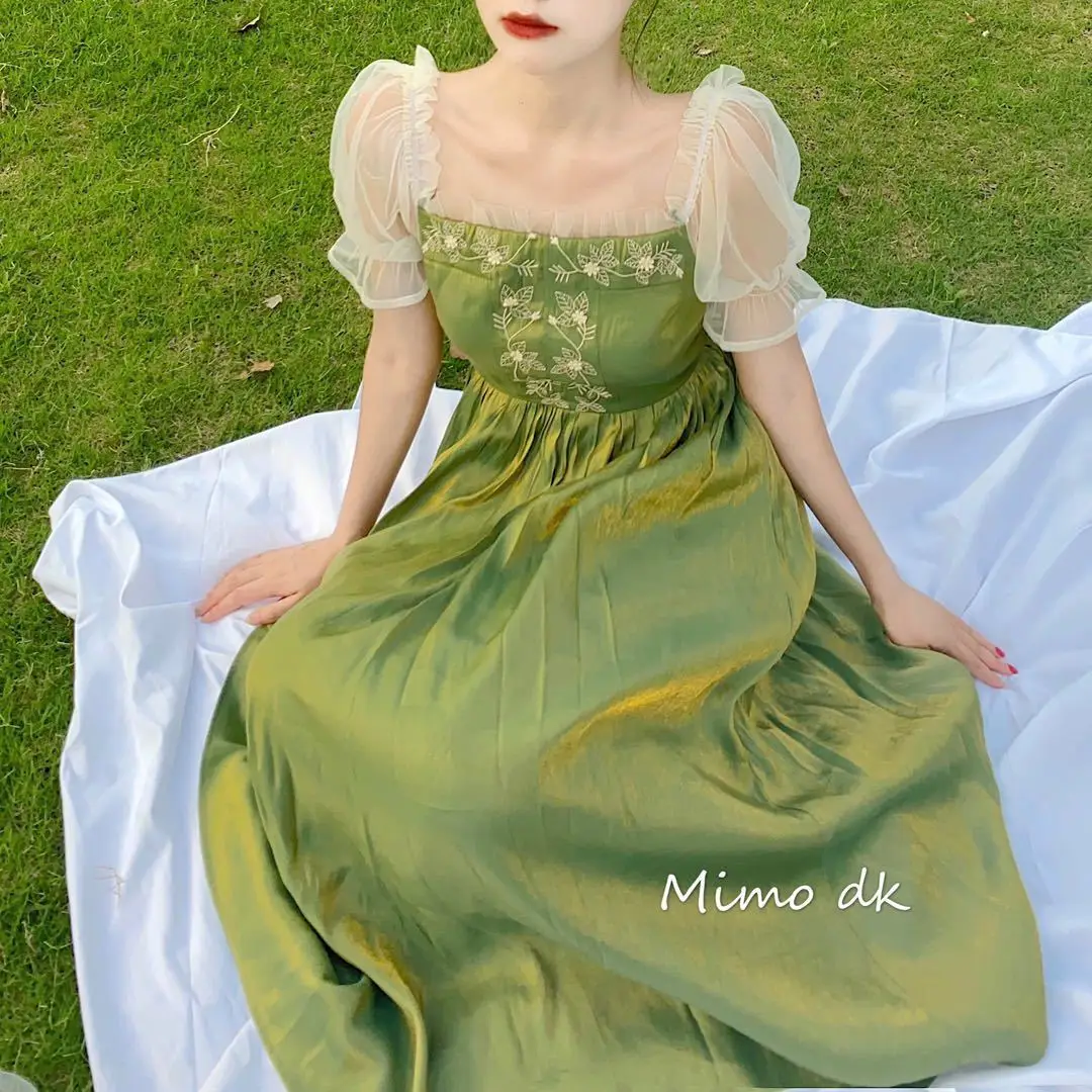 French Elegant Green Mesh Dress Women 