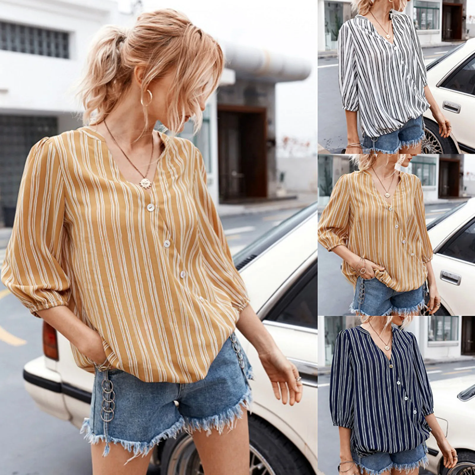 Women's T-shirts Women Casual Three-quarter Sleeve V-neck Striped Print Button Shirt Office Top Blusas Elegantes Mujer Formal 1