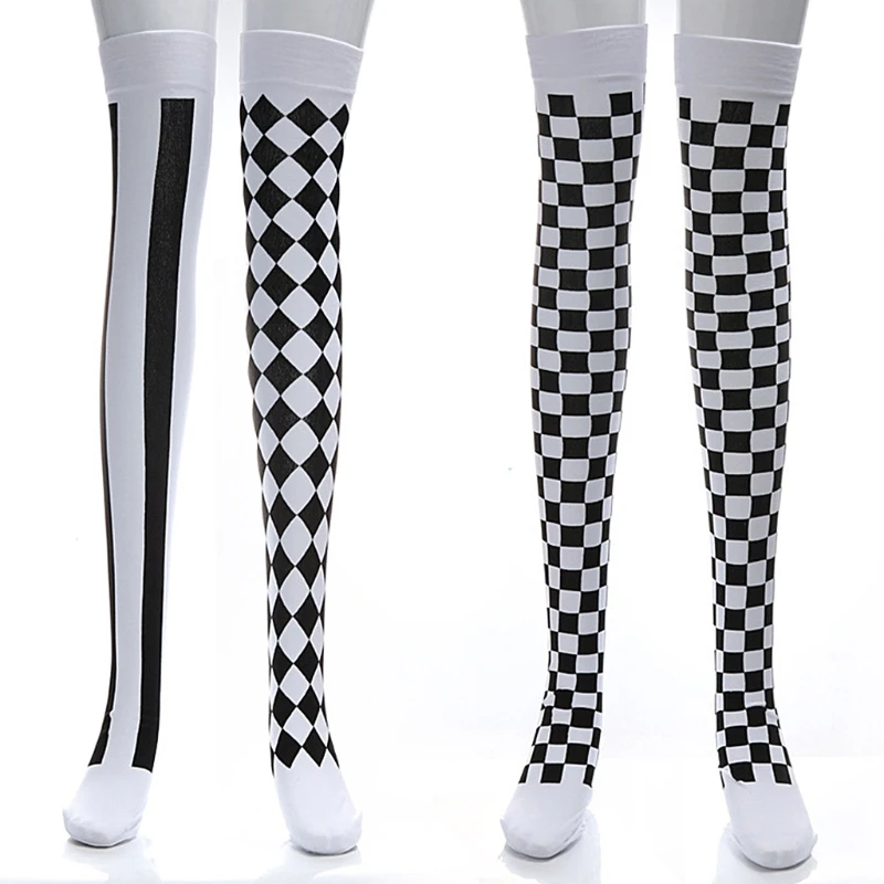 Clown Costume Black White Plaid Knee-High Long Socks Halloween Carnival Party