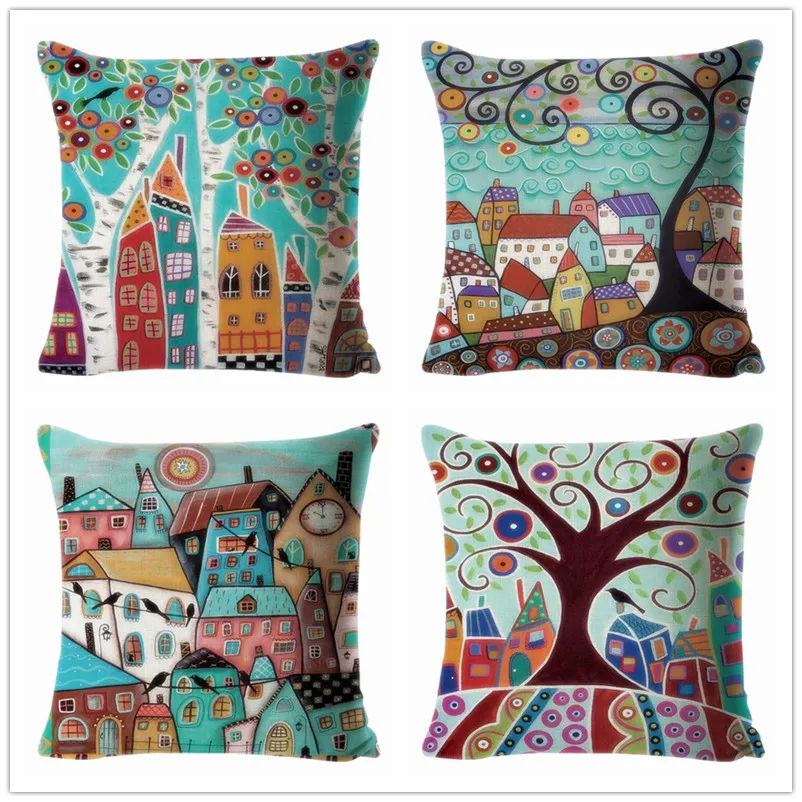 

4PCS Hand-Painted Linen Cushion Case Retro Rual Color Cities 45x45cm Throw Pillowcase Car Home Decoration