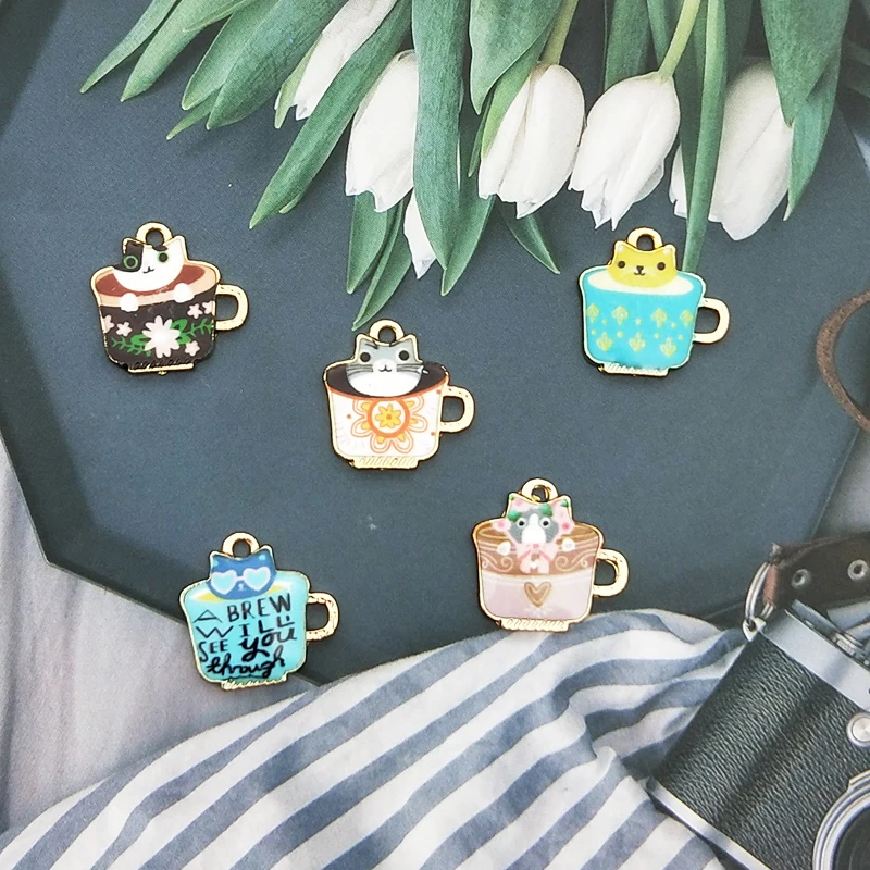 

10pcs Cute Teacup Cat Alloy Enamel Charms Gold Color Drop Oil Cats Pendants Fit DIY Earring Bracelet Jewelry Accessories FX201