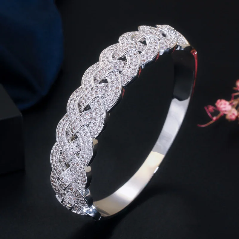 Silver Bangle CWWZircons роскошный большой африканский CZ браслет браслеты из колец наборы модные Дубай золотые серебряные ювелирные изделия для женщин вечерние свадебные T373 - Окраска металла: Silver Bangle