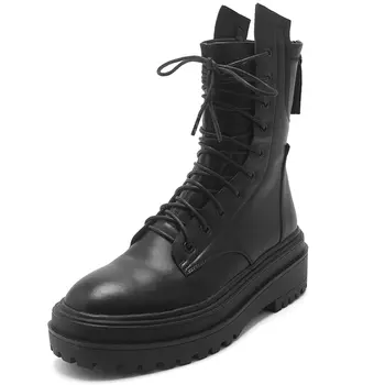 

2021 New Genuine Leather Women's Ankle Motorcycle Boots Zipper + Cross-tied Chunky High Heels Winter Women Boots Shoes Woman