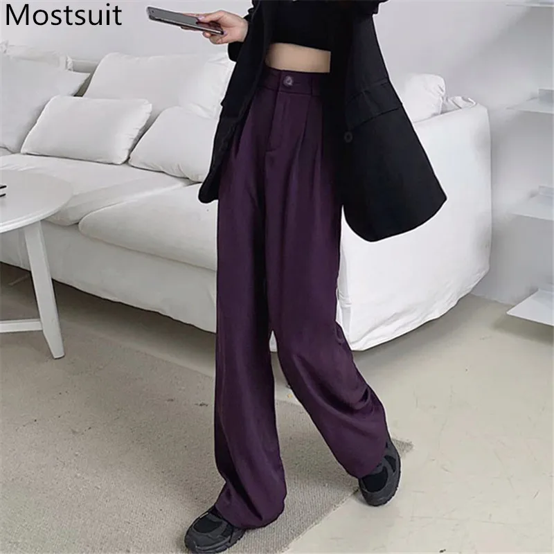 Korean High Waist Wide Leg Pants Capris Women Buttons Fly Solid Loose Office Casual Female Suit Pants Trousers Femme 2020