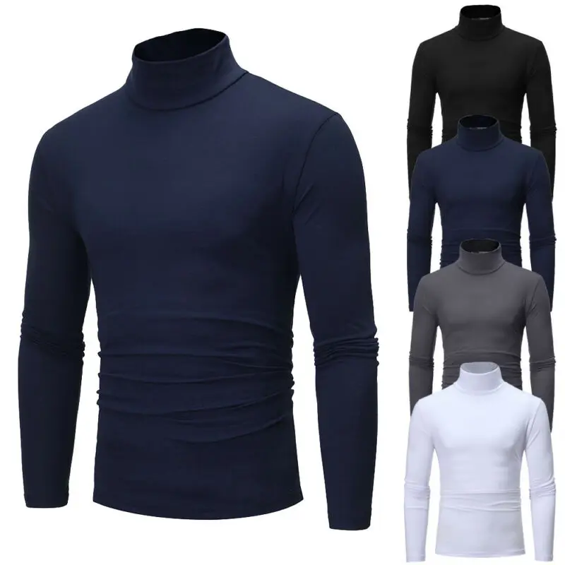 Mens Long Sleeve Cotton High Neck Turtleneck Stretch Slim Basic Tee Tops New Mens Roll Turtle Neck Pullover Knitted Sweater