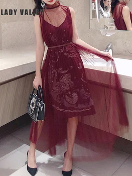

Heavy Craft Pleated Perspective Mesh Sleeveless Vest Dress Spring-Summer Inside Embroidery Sling Two-Piece Swing Set