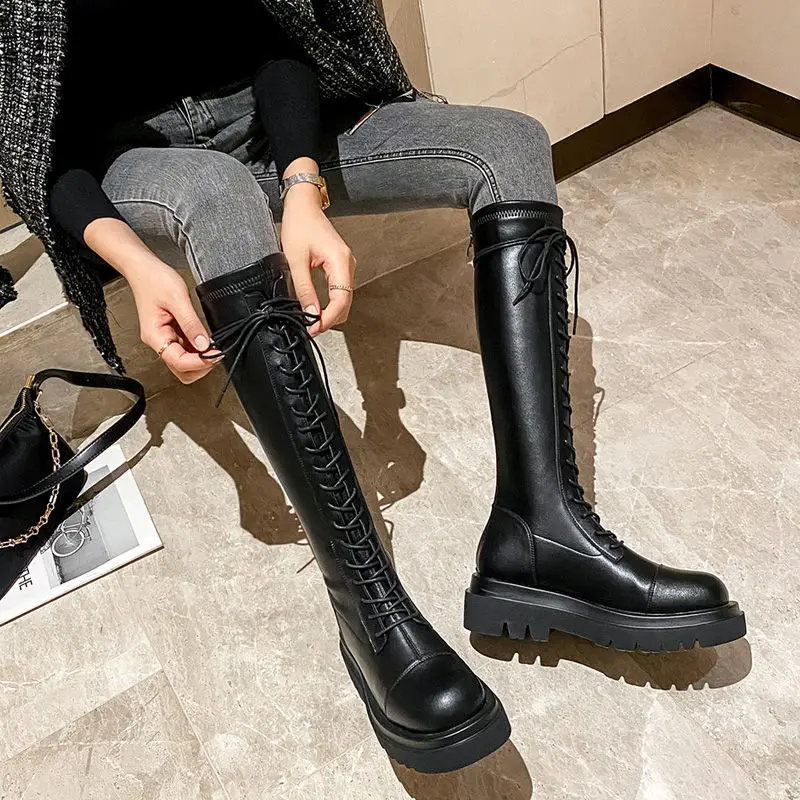 Botas gruesas para Mujer, botines Retro hasta la rodilla, tacón cuadrado  largo, para motocicleta, color blanco y negro, invierno, novedad|Botas a  media pantorrilla| - AliExpress