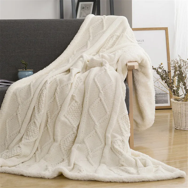 

Winter Thick Knitted Throw Blanket Plush Fleece for Beds Sofa Solid Color Thread Blankets Warm Bedspread Home Decorations