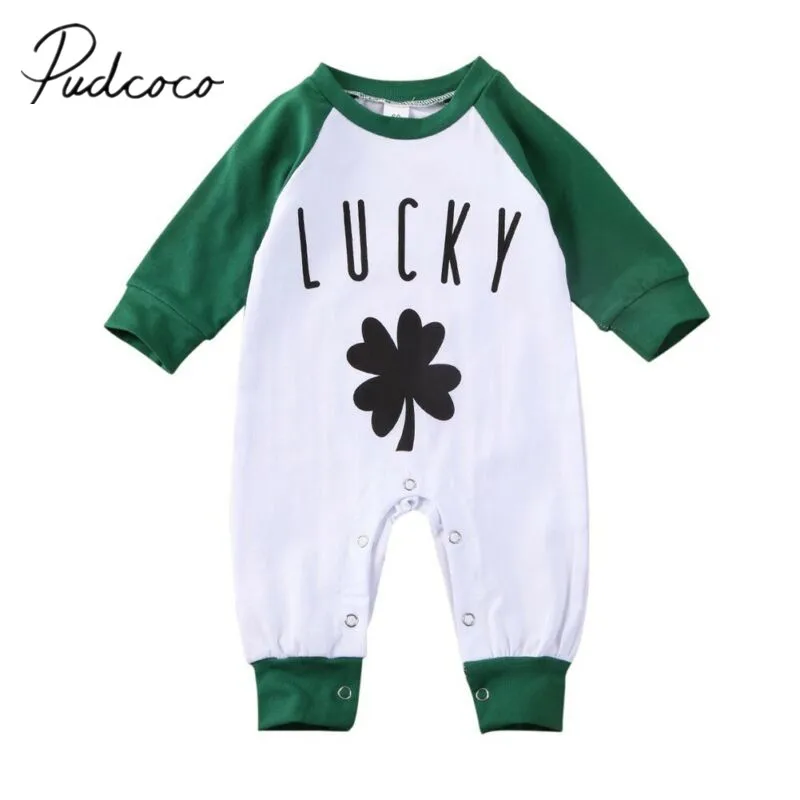 

2020 Baby Spring Autumn Clothing Newborn Toddler Baby Girl Boy Clover Print Romper Long Sleeve Jumpsuit Playsuit Lucky Outfits