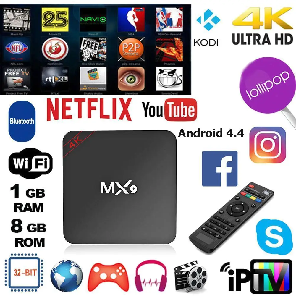 Горячая продажа MX9 4K четырехъядерный 1 Гб RAM 8 ROM Android 4 TV BOX 2 0 HD HDMI SD слот ГГц WiFi