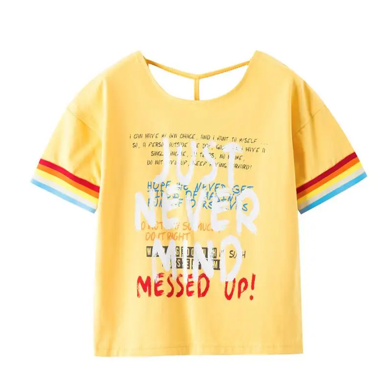 Girls Clothes Short Sleeve T-shirt Cotton Yellow Tops Printed Letters Kids Shirts Children's Clothing Cotton Round-collar