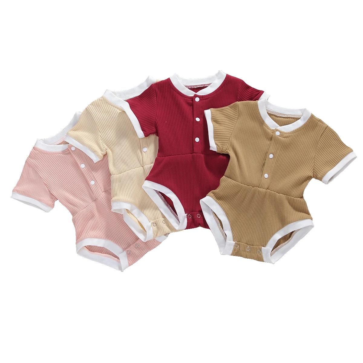 

Toddler Baby Solid Color Romper Short Sleeve Crew Button Knit Ribbed Jumpsuit Fashionable Style