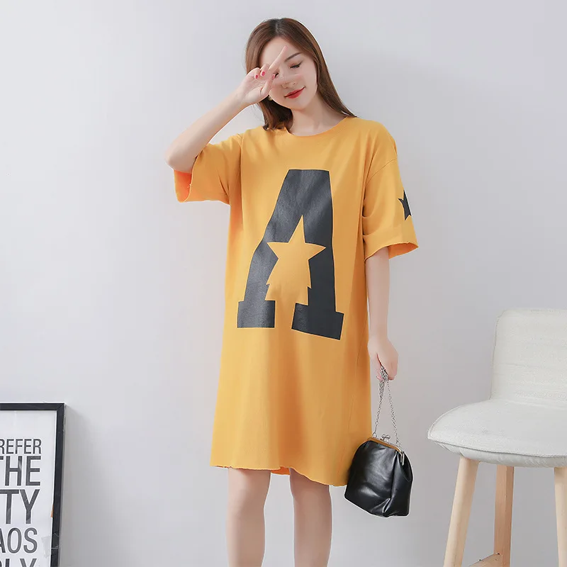 

[Yanxma] 319 Maternity Dress Summer New Style Fashion Korean-style Loose-Fit Mid-length Maternity Clothes a Lettered Sleeves Fas