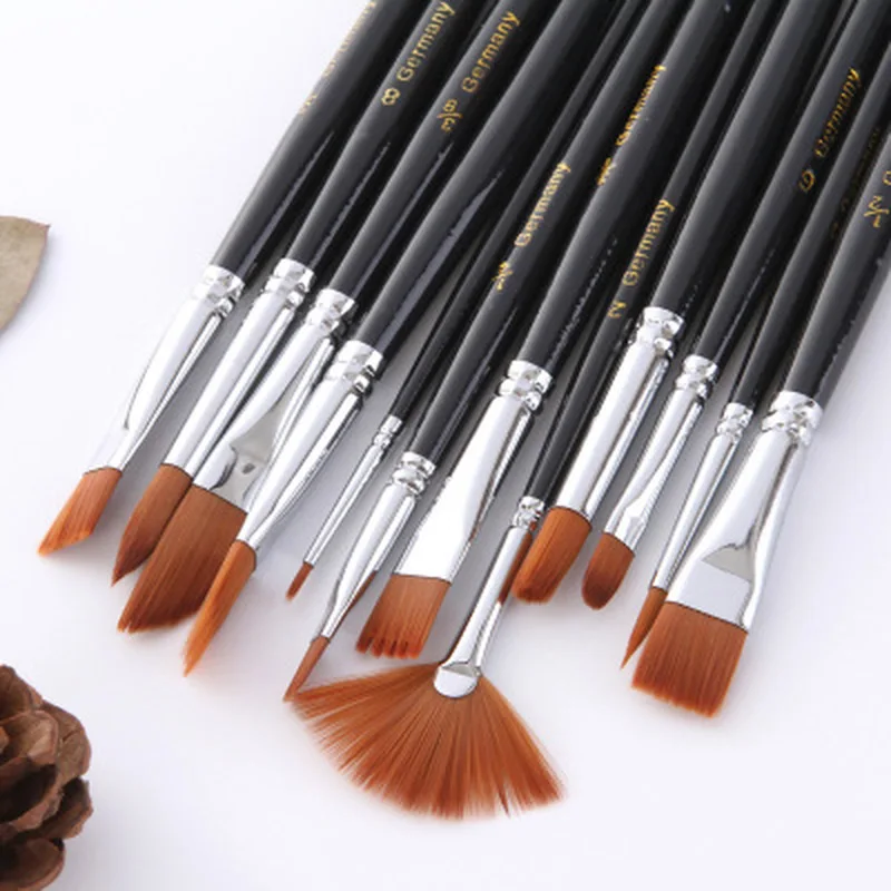 

12pcs / set Gouache Watercolor Brushes Different Shapes Nylon Round Tip Paint Brushes Set Art Supplies